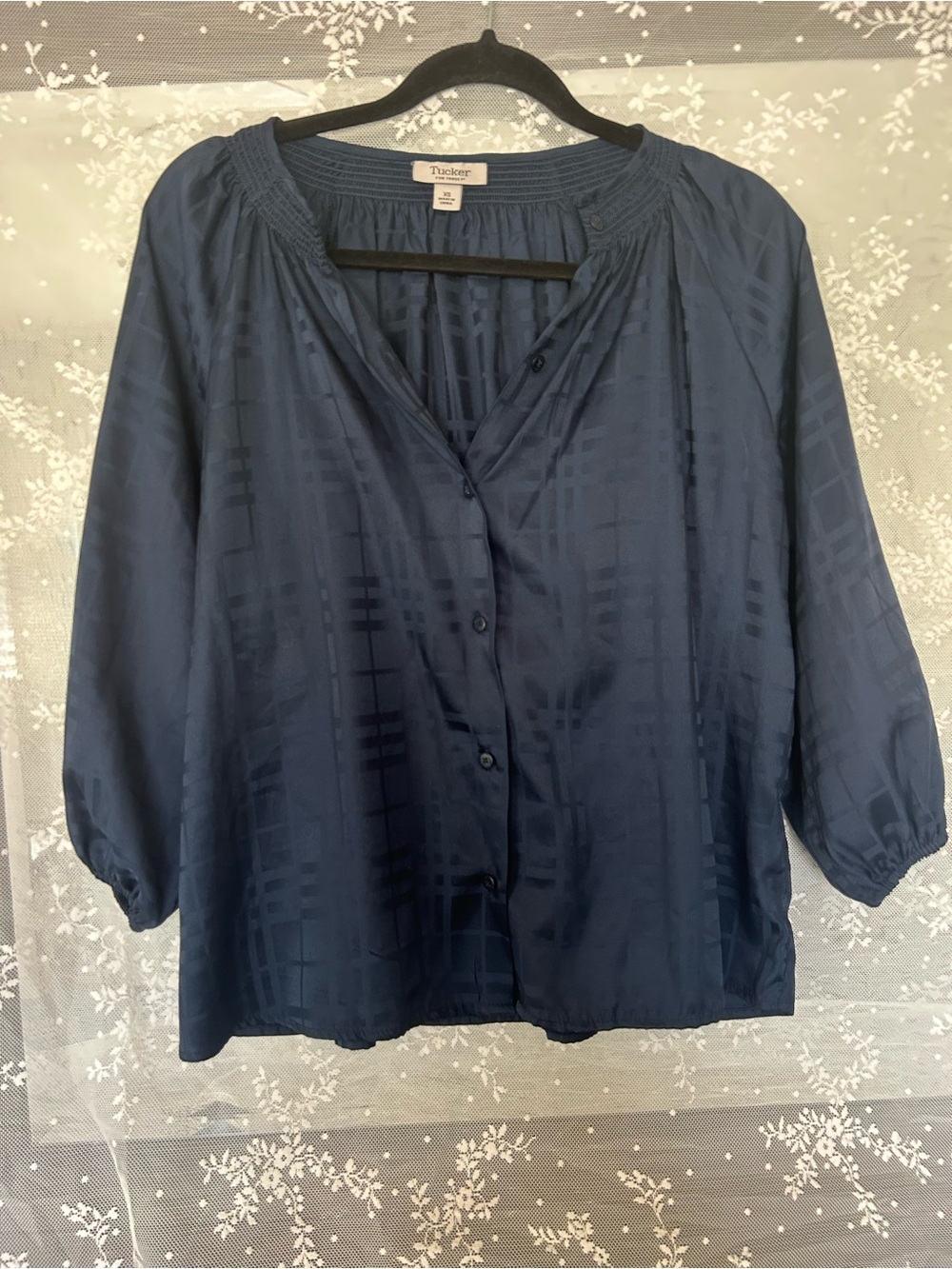 Women’s Navy Blue Textured/Patterned Button Blouse, XS